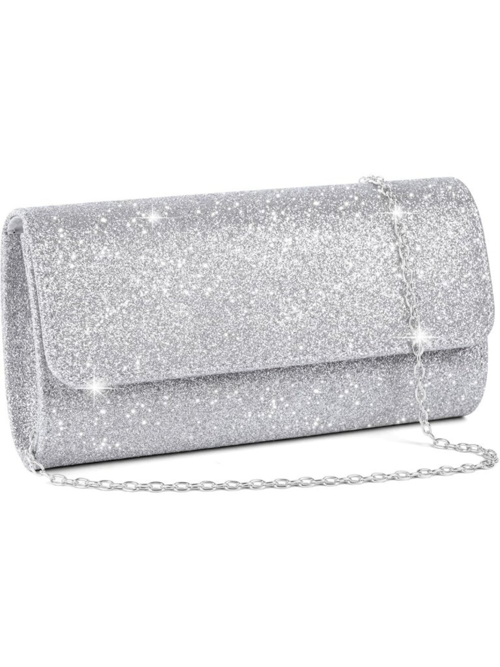 Silver Rhinestone Evening Clutch Purse with Detachable Chain